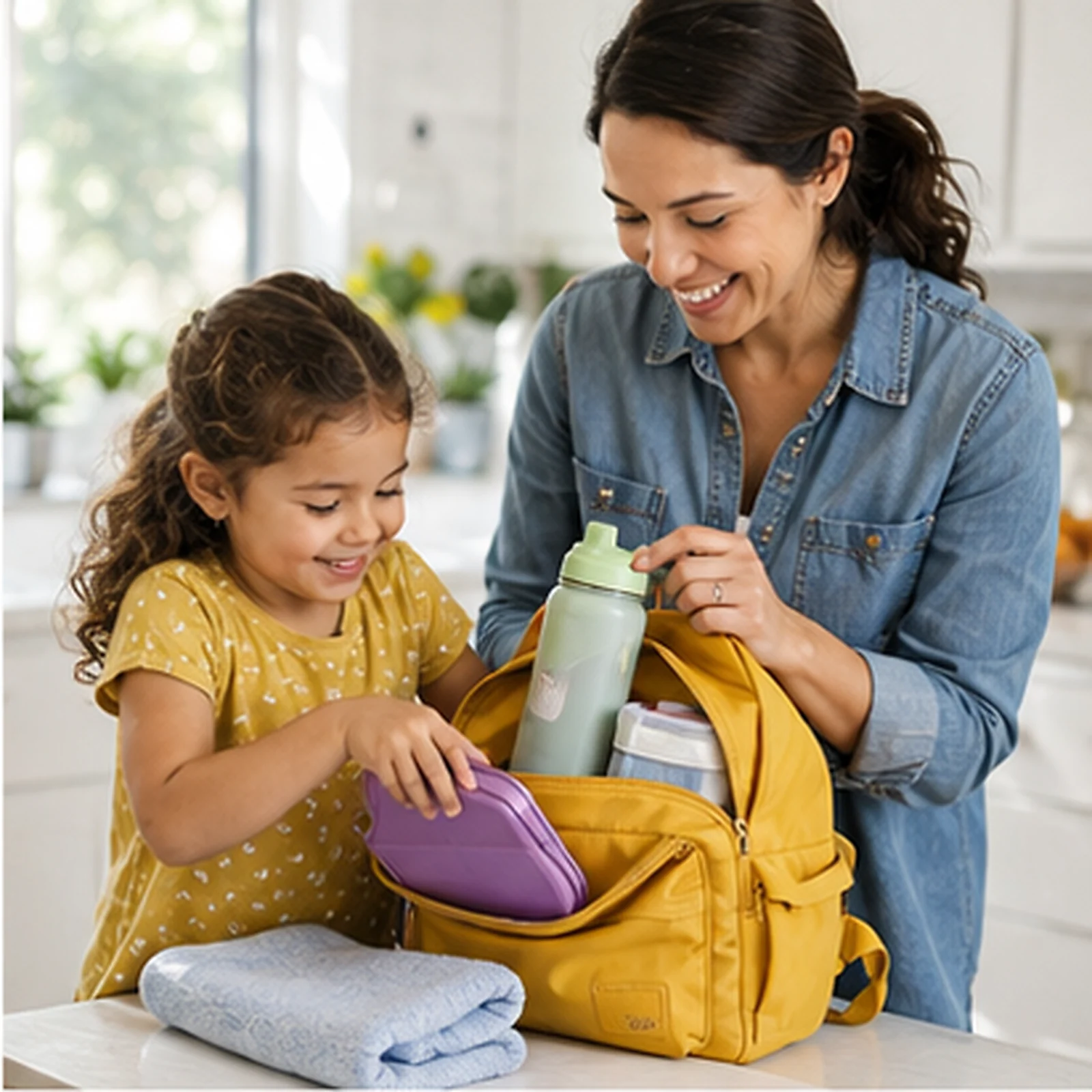 Parent and preschool child preparing first-day essentials for a sponsored family-retailer placement