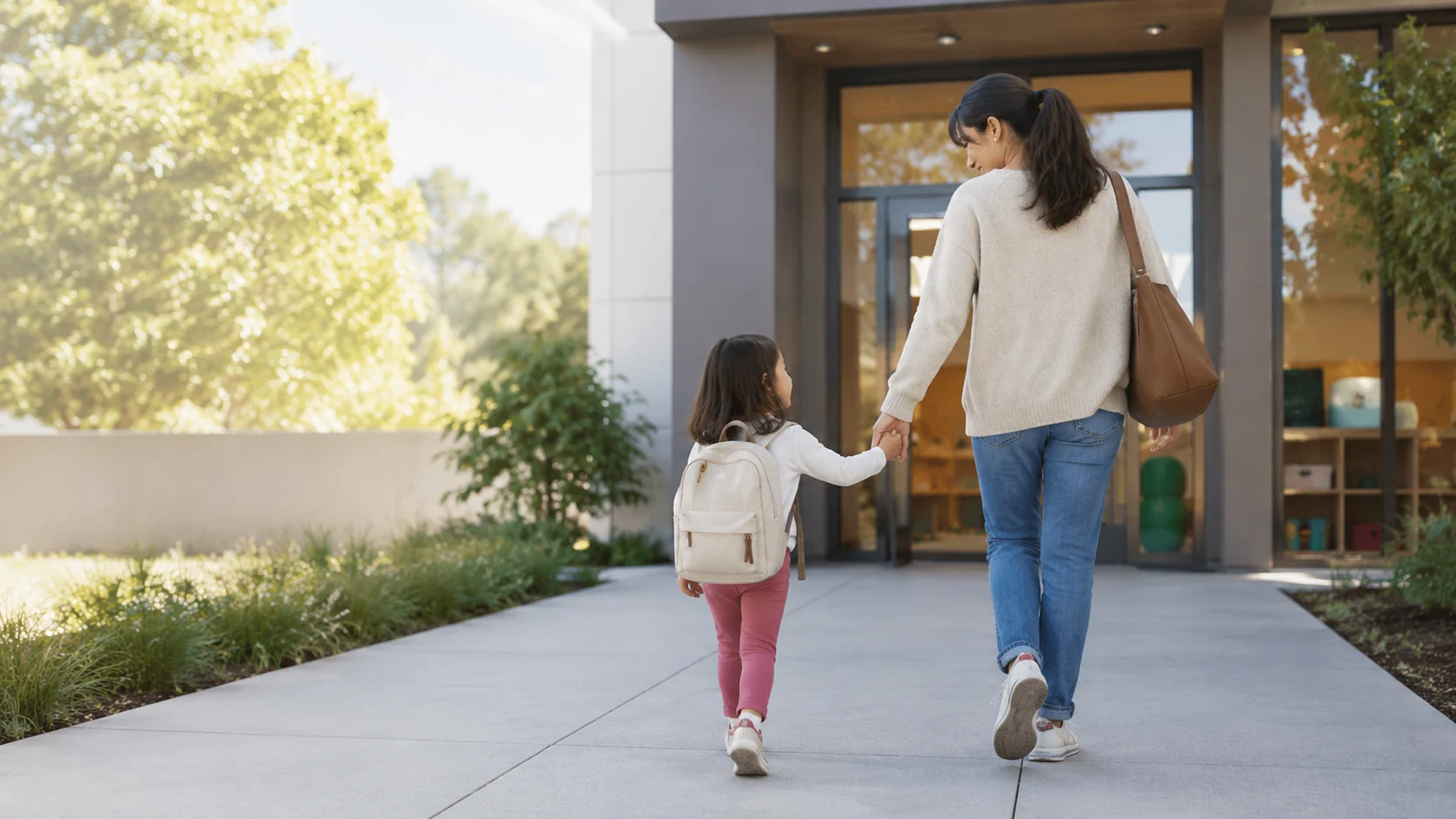Parent and preschool-age child arriving together at an early-learning center